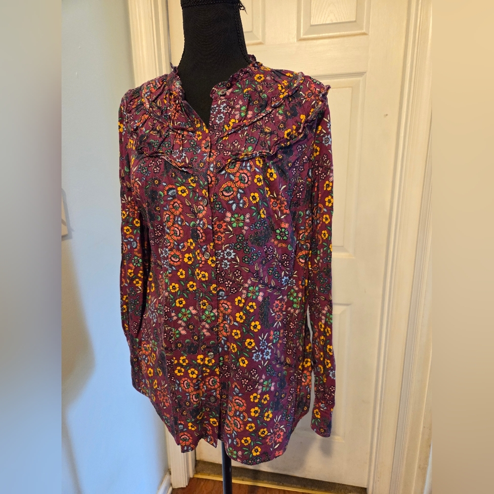 Talbots Floral Ruffle Blouse - Purple and Yellow
